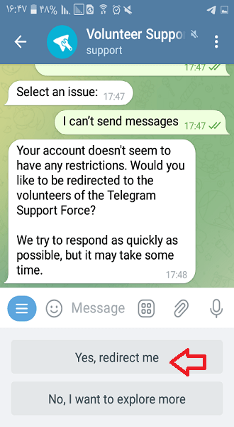 ارسال پیام به پشتیبانی برای رفع ریپورت تلگرام