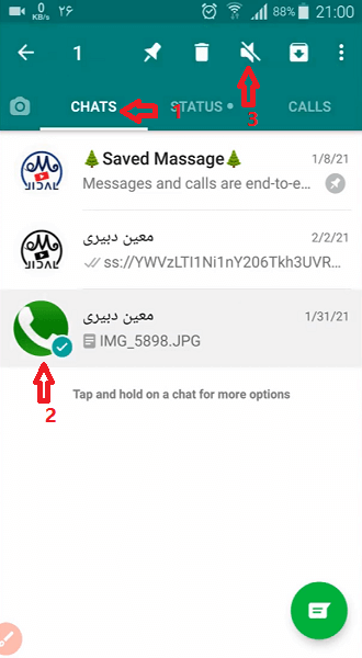 مراحل بی صدا کردن اعلانات یک چت در واتساپ