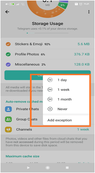 نحوه پاک کردن خودکار حافظه کش تلگرام درگوشی های اندروید