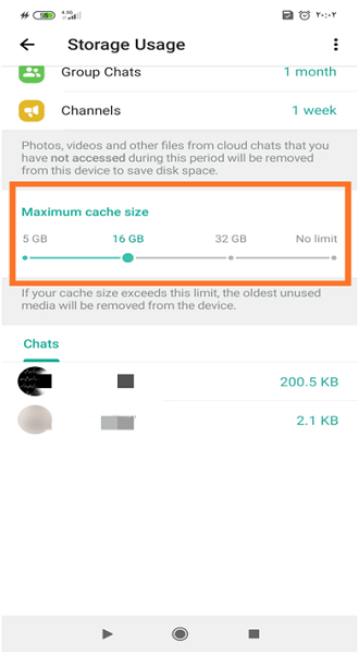 تنظیم حداکثر میزان حافظه کش در تلگرام اندروید 
