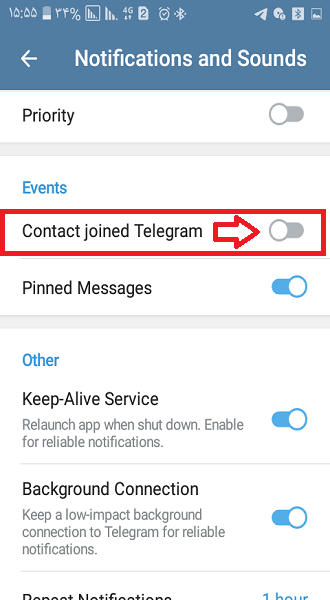 باضربه بر روی گزینه contact joined telegram اتصال مخاطبین را غیرفعال کرد
